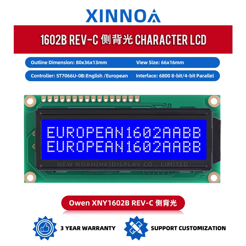 European Blue Film White Letters 1602B REV.C Side Backlight 16X2 Characters Industrial Grade Display Screen ST7066U COB Module