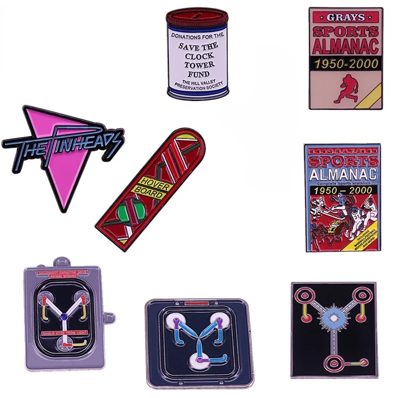 Clock Tower Donation Cans VHS Marty Mcfly HoverBoard Sports Almanac Flux Capacitor Badge Back To The Future Pin Sci-fi Brooch