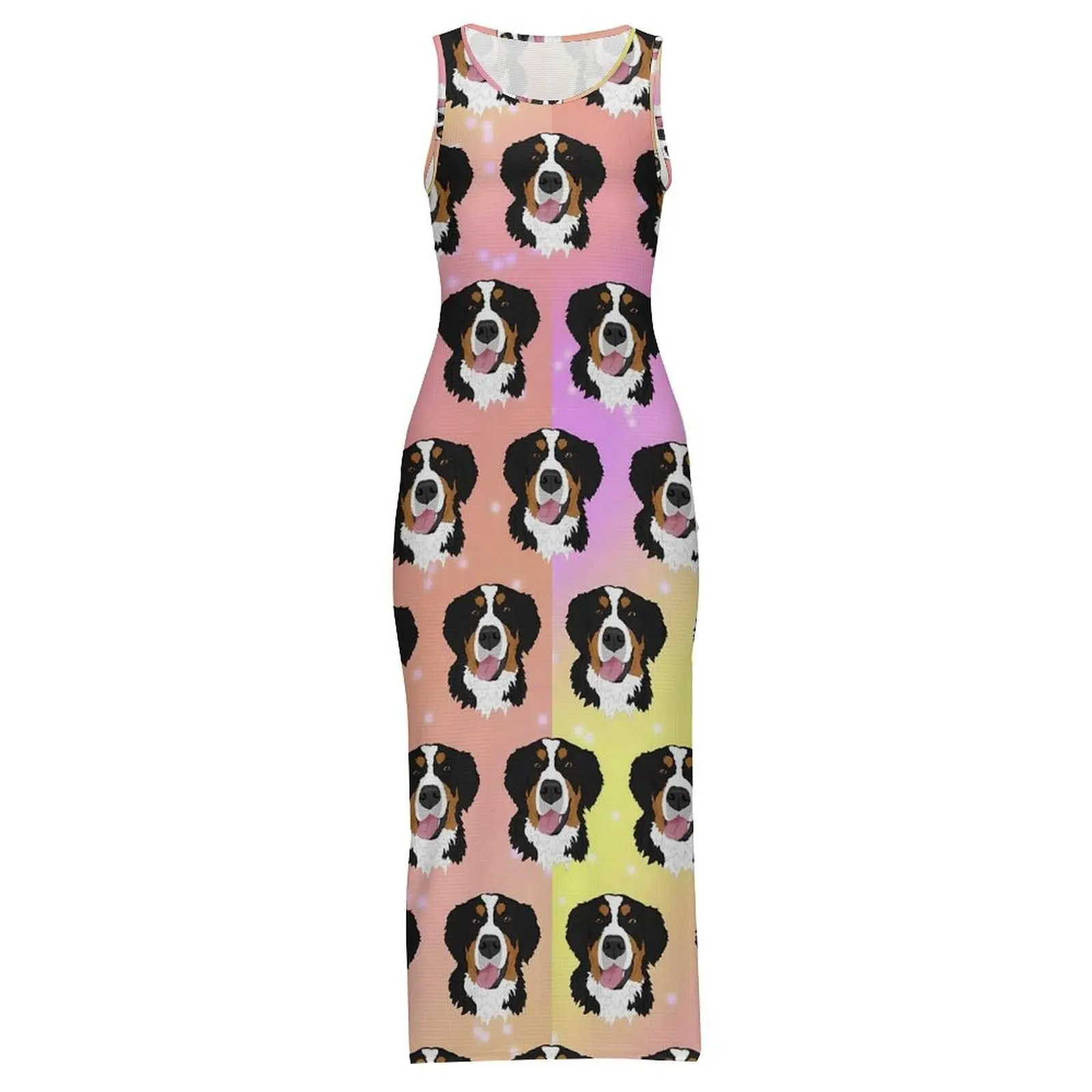 Women Bodycon Dress Kawaii Dog Print Maxi Dresses Spring Bernese Mountain Dogs Sleeveless Korean Fashion Graphic Dress Big Size