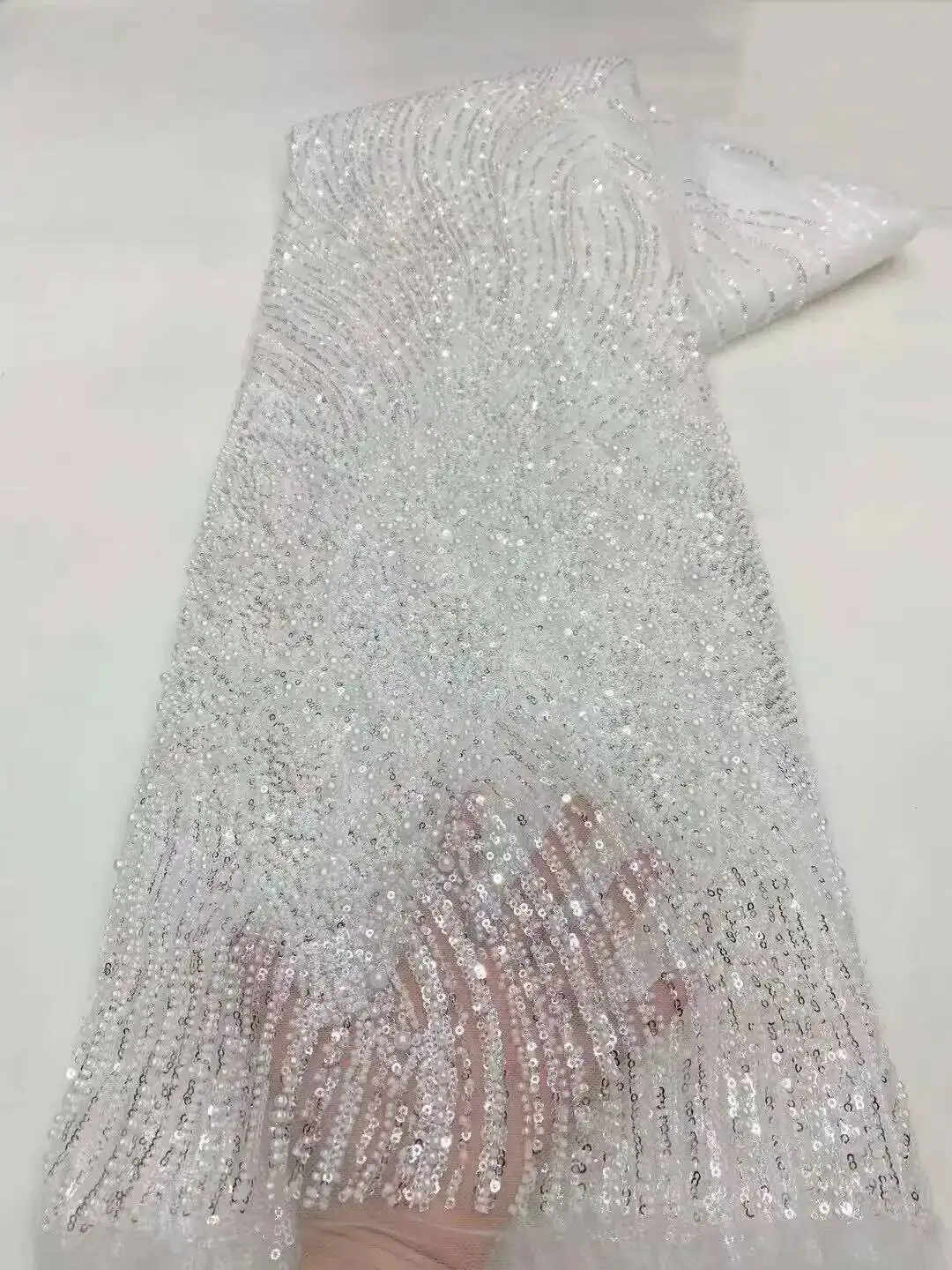 

Luxury African Nigerian Groom Sequins Beads Lace Fabric 2025 Sky Blue High Quality French Tulle Lace Fabric For Bridal Dress