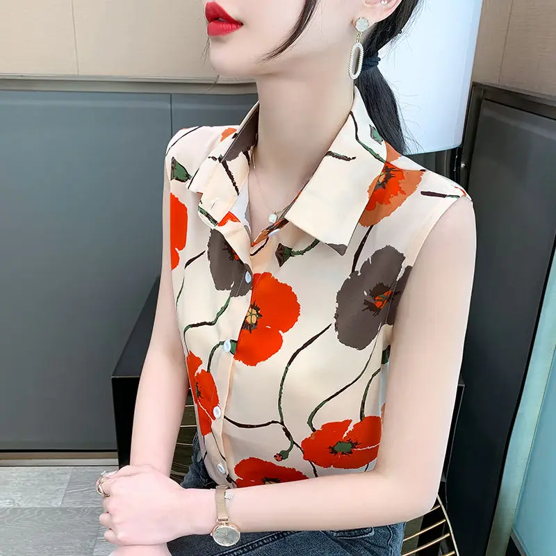 Summer Women Clothing Sleeveless Printed Chiffon Shorts Turn-down Collar Women Blouse Tops