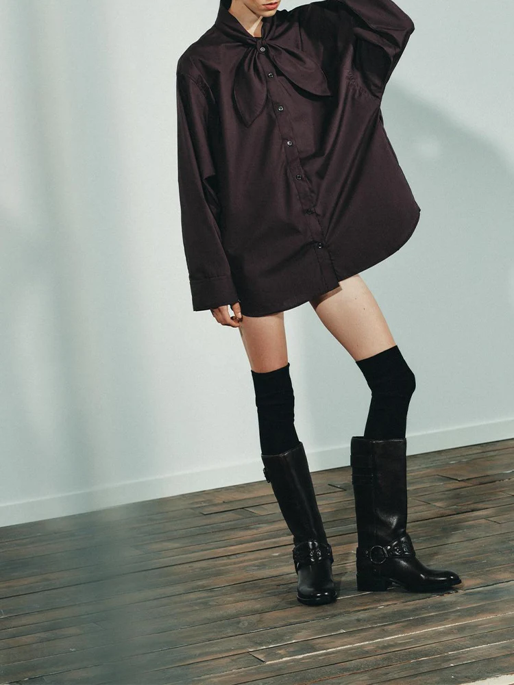 

European style new women's fashion versatile temperament simple casual single-breasted scarf poplin shirt