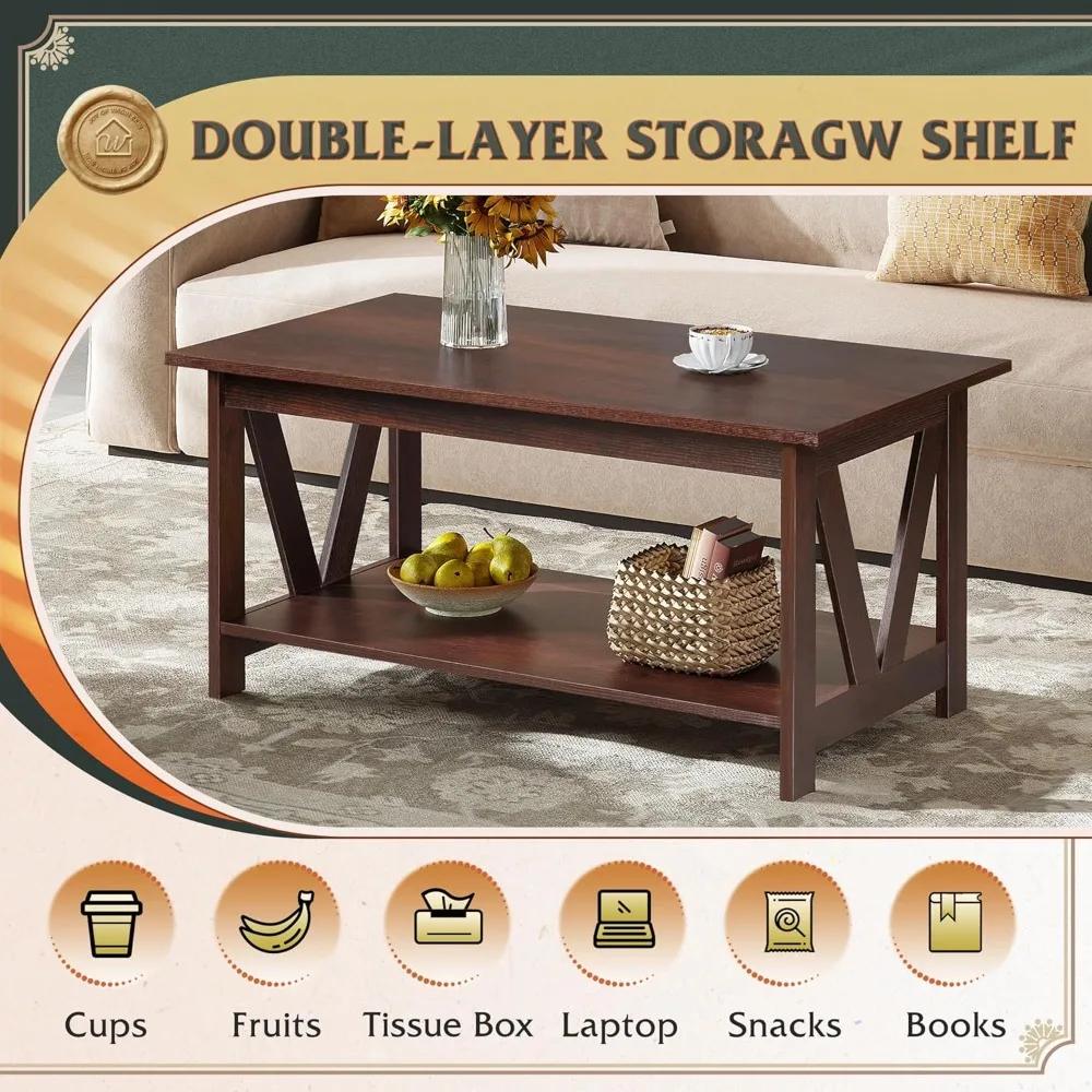 Coffee Table with Storage Shelf, 39.4" Farmhouse Coffee Table with V-Frame Support, 2-Tier Wood Rustic Center Table for Living