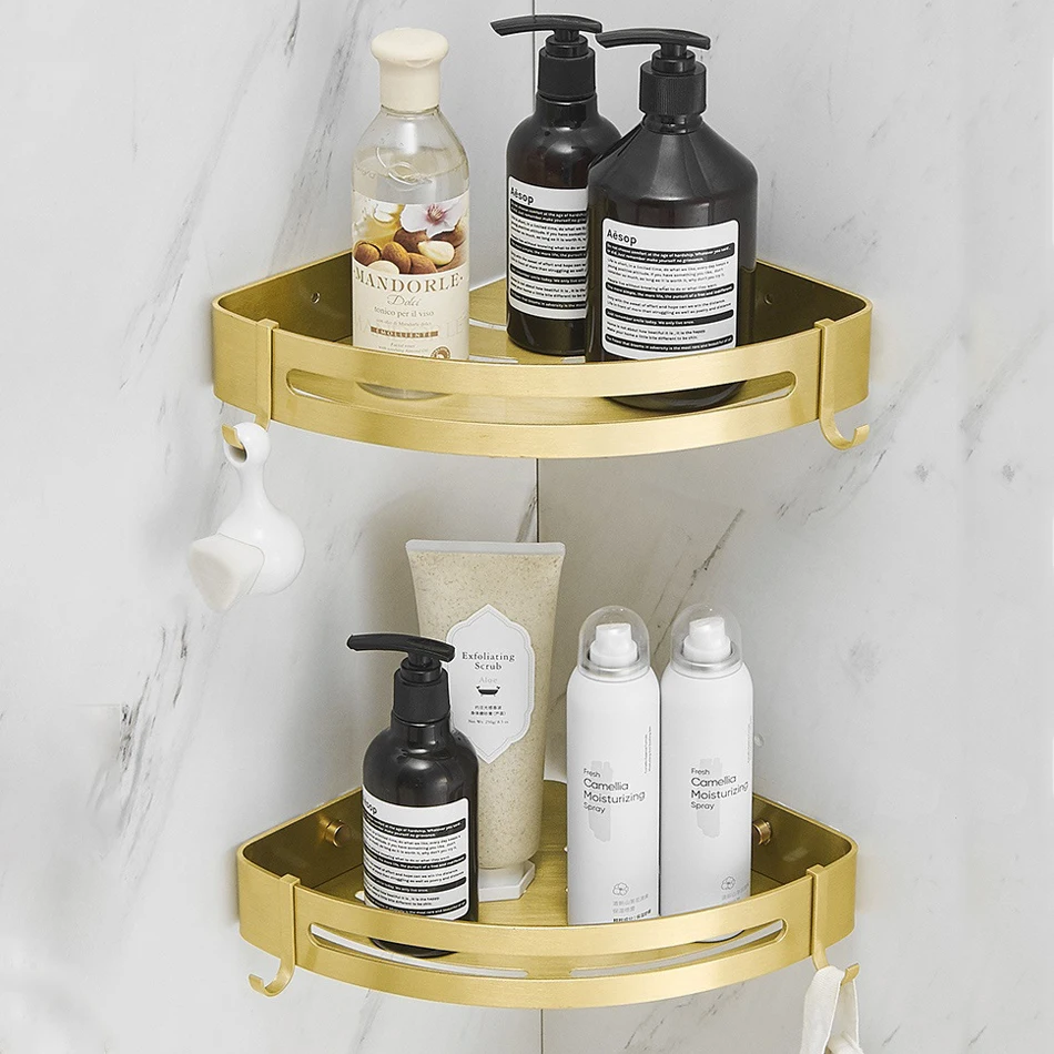 Aluminum Bathroom Shelf with Hooks Rectangle Kitchen Bathroom Shower Gel Soap Shampoo Brushed Gold Storage Organizer Rack Holder