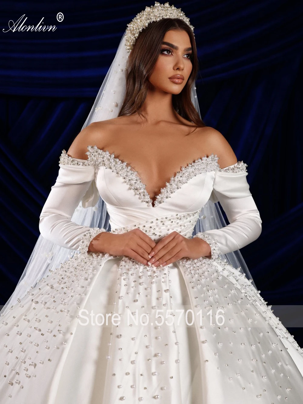 Alonlivn Customize Made Luxury Beading Pearls Ball Gown Puffy Wedding Dresses Off Shoulder Sleeves Lace Up For Brides