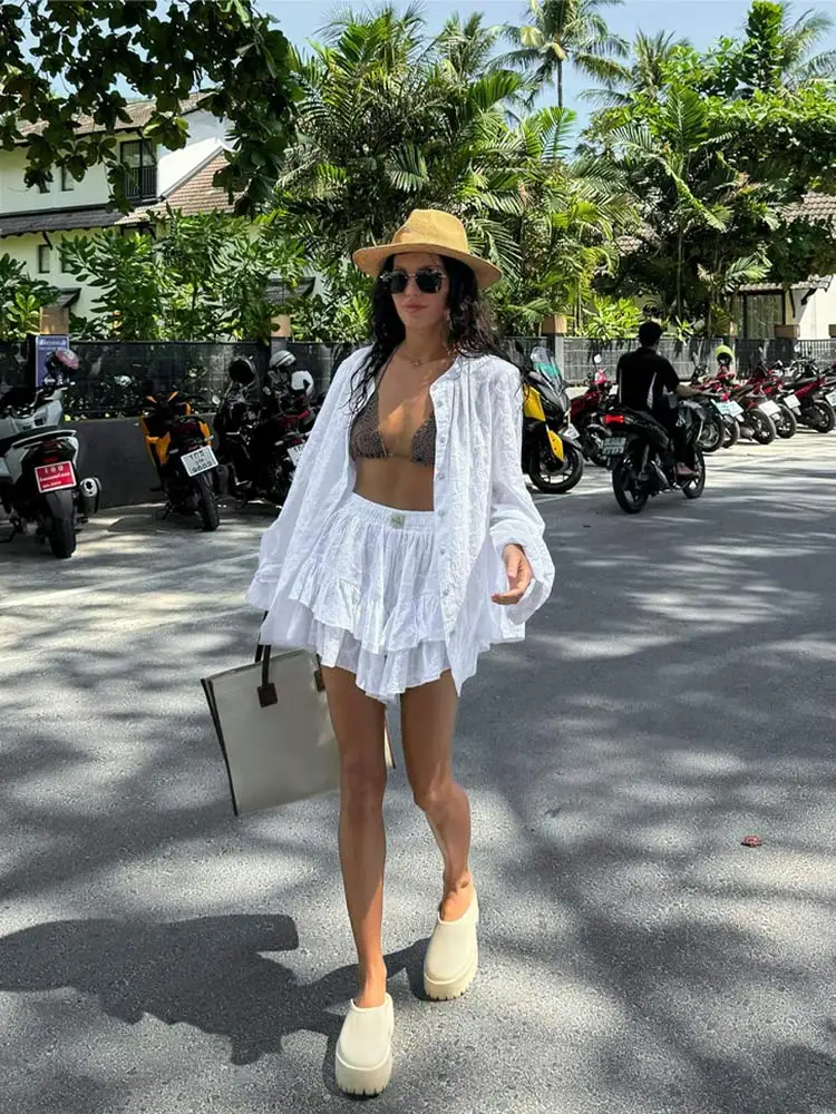 Fashion Women White Shorts Set Solid Long Sleeve Shirt And Shorts Two Piece Sets 2024 Summer Casual Home Highstreet Lady Outfit