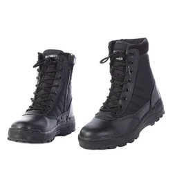 Botas masculinas de couro de cano alto ao ar livre, botas militares táticas, sapatos pretos de sola grossa, sapatos de caminhada leves e resistentes ao desgaste