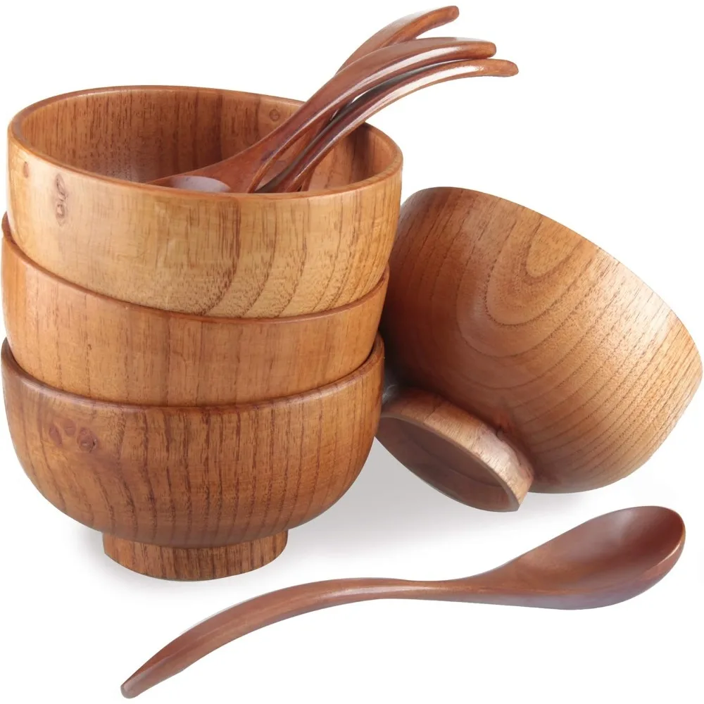 

Handmade Wooden Bowls and Spoons Set, 4 Pcs for Rice Soup Salad Dip Tea Decoration