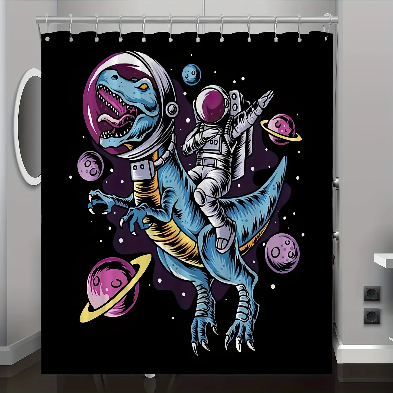 

1pc Whimsical Dinosaur Astronaut Shower Curtain - Vibrant Space-Themed Bathroom Decor with Cartoon T-Rex & Cosmonaut Design,