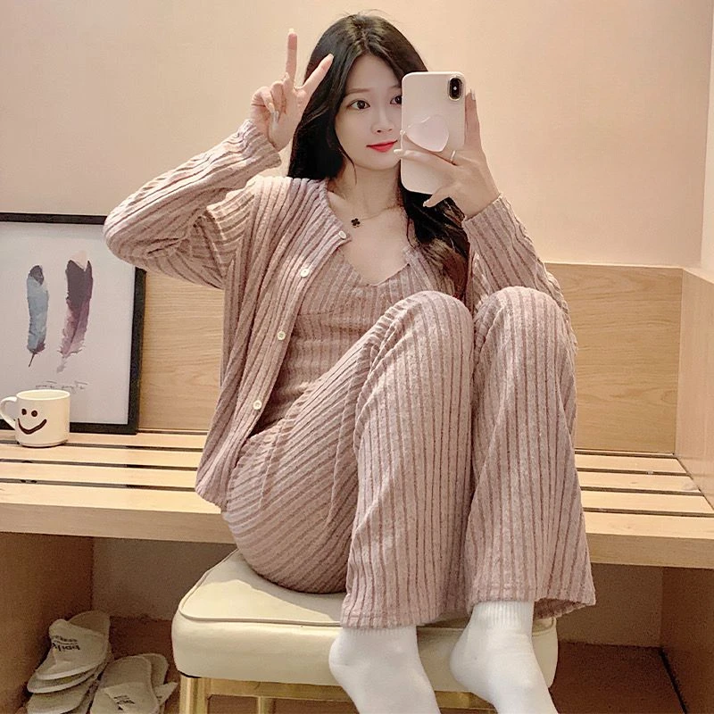 strip cotton pajamas women winter with chest pad halter cardigan long sleeve winter warm spring and autumn wear three sets