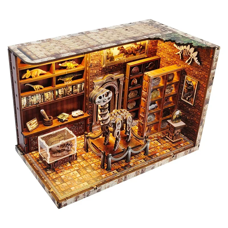 Dinosaur Research Institute DIY Wooden Miniature Building Kits Doll Houses With Furniture Casa Dollhouses for Friends Gifts