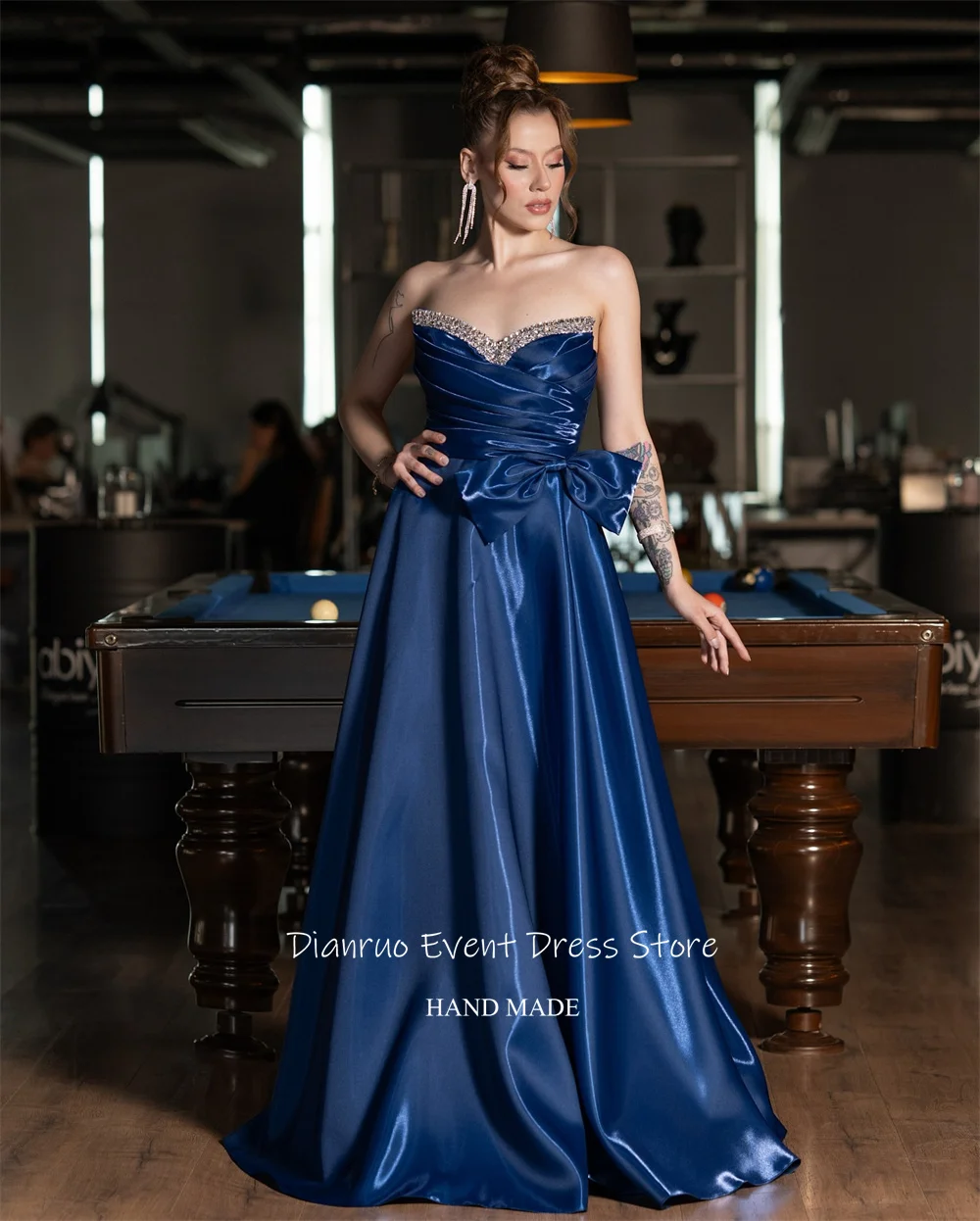 Dianruo Gaun Malam A Line Biru Laut Gaun Pesta Pernikahan Busur Berkilau Kristal Vestidos De Fiesta Satin Sayang Disesuaikan