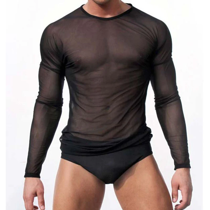 Mens Sexy Transparent T-shirt Sheer See Through Mesh Long Sleeve T shirt Tops Undershirt Fitness Tight Black/White Lounge Tees