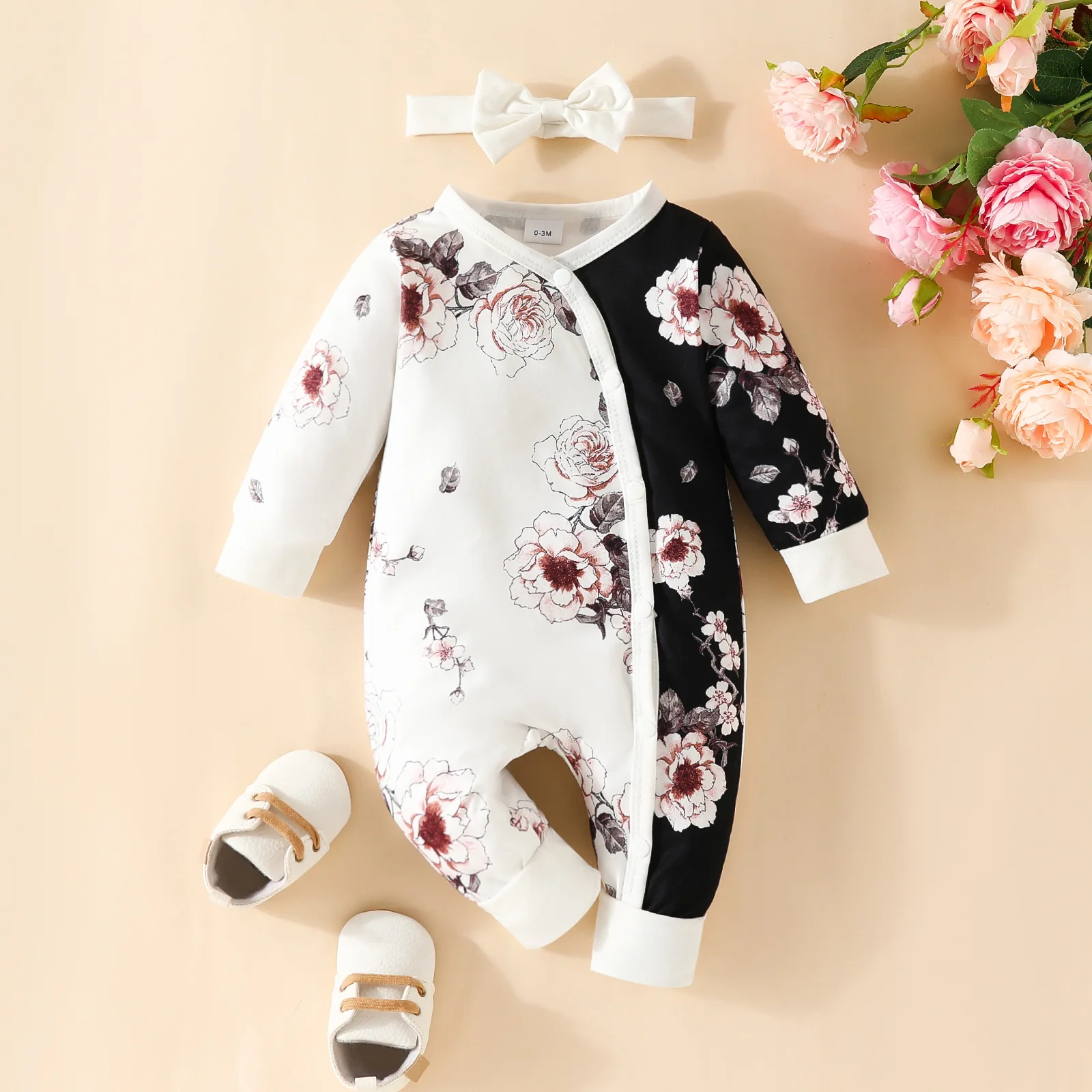 Baby Girl Newborn Onesies Romper 0-18Months Flower Splicing Cute Toddler Clothing Long Sleeve Cute Tiny Button Infant Jumpsuit