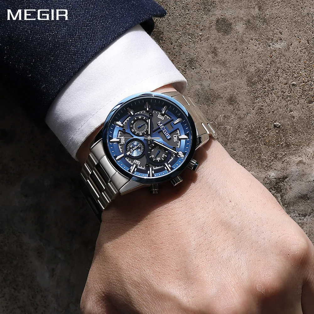 MEGIR Luxury Men Business Watches Calendar Stainless Steel Quartz Wristwatch Clock Casual Chronograph Relogio Masculino 2220