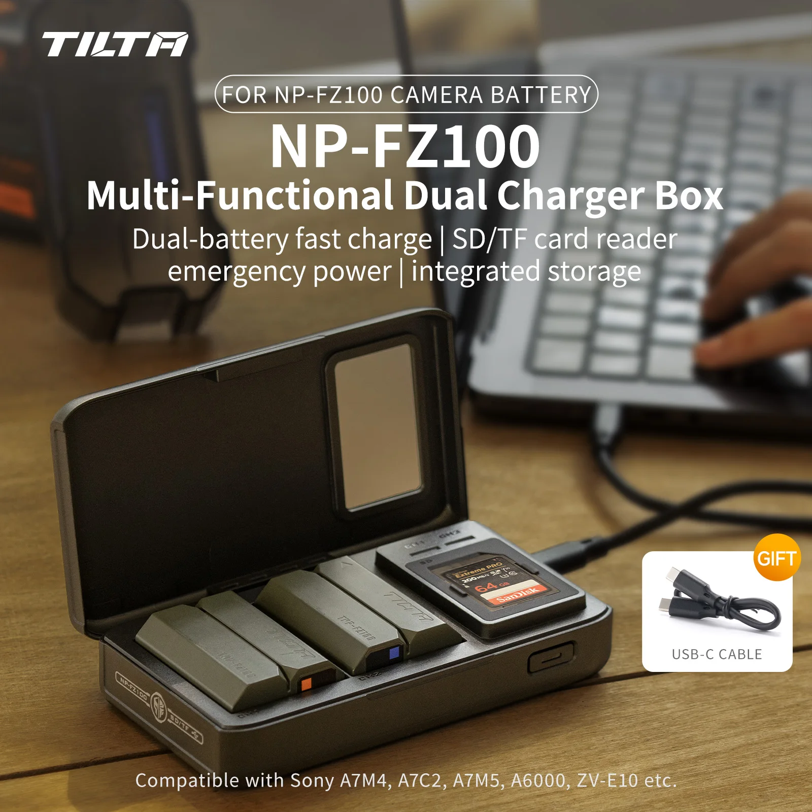 Image of TILTA NP-FZ100 All-in-One-Ladegerät mit SD- und TF-Kartenleser, Dual-Ladegerät für Sony A7M4, A7C2, A7M5, ZV-E10
