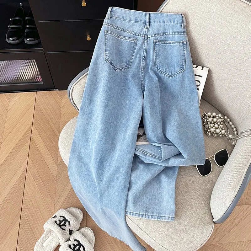 2024 Spring Summer New Korea Fashion Women High Waist Cotton Denim Wide Leg Pants Bow Print Loose Casual Light Blue Jeans P660