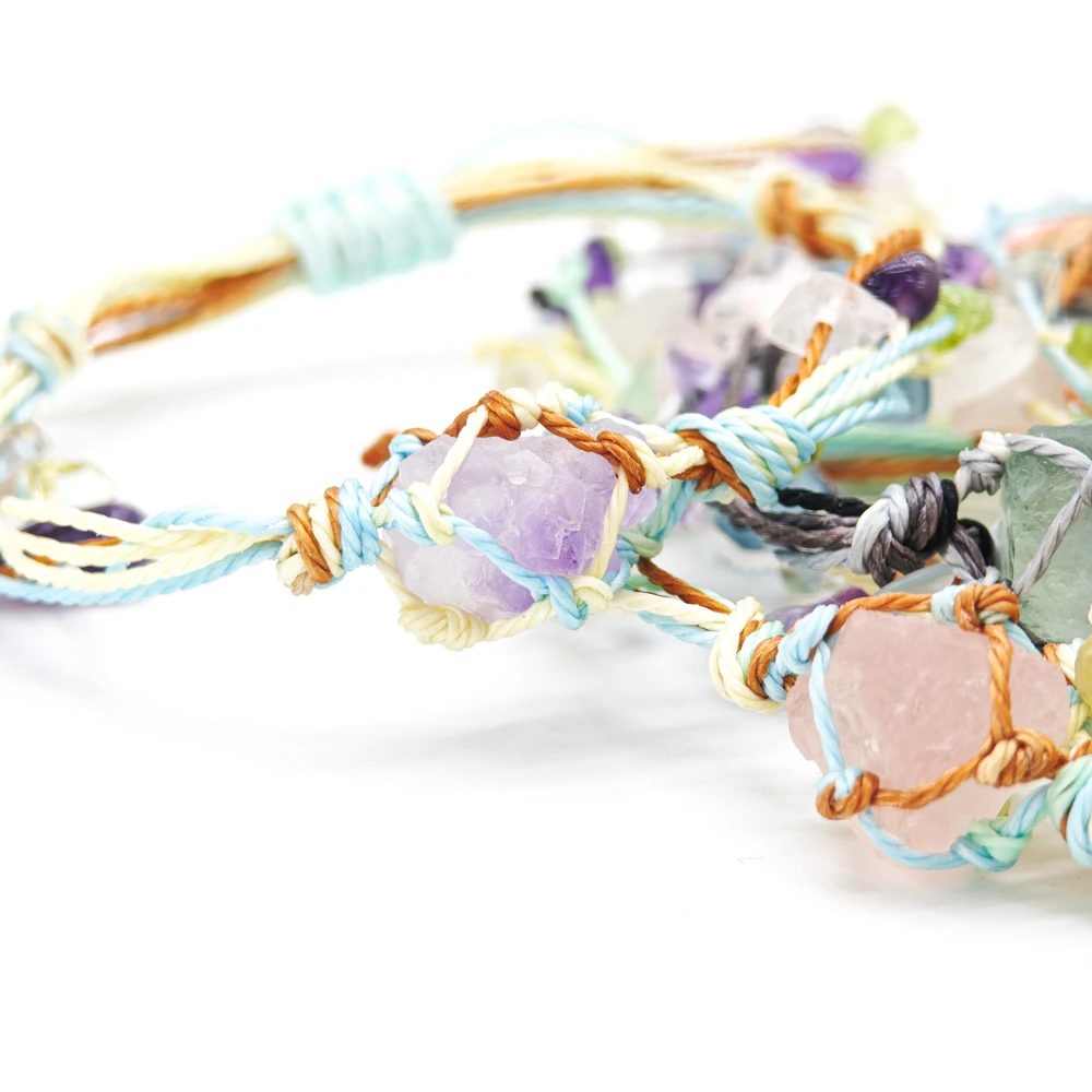10 Stück verstellbares geflochtenes Kordelnetz, 1 roher Rohstein, Perlenhalter, Seil, Armband, natürlicher Quarzkristall, Heilung, Taschentasche, Armreif – Detail 10