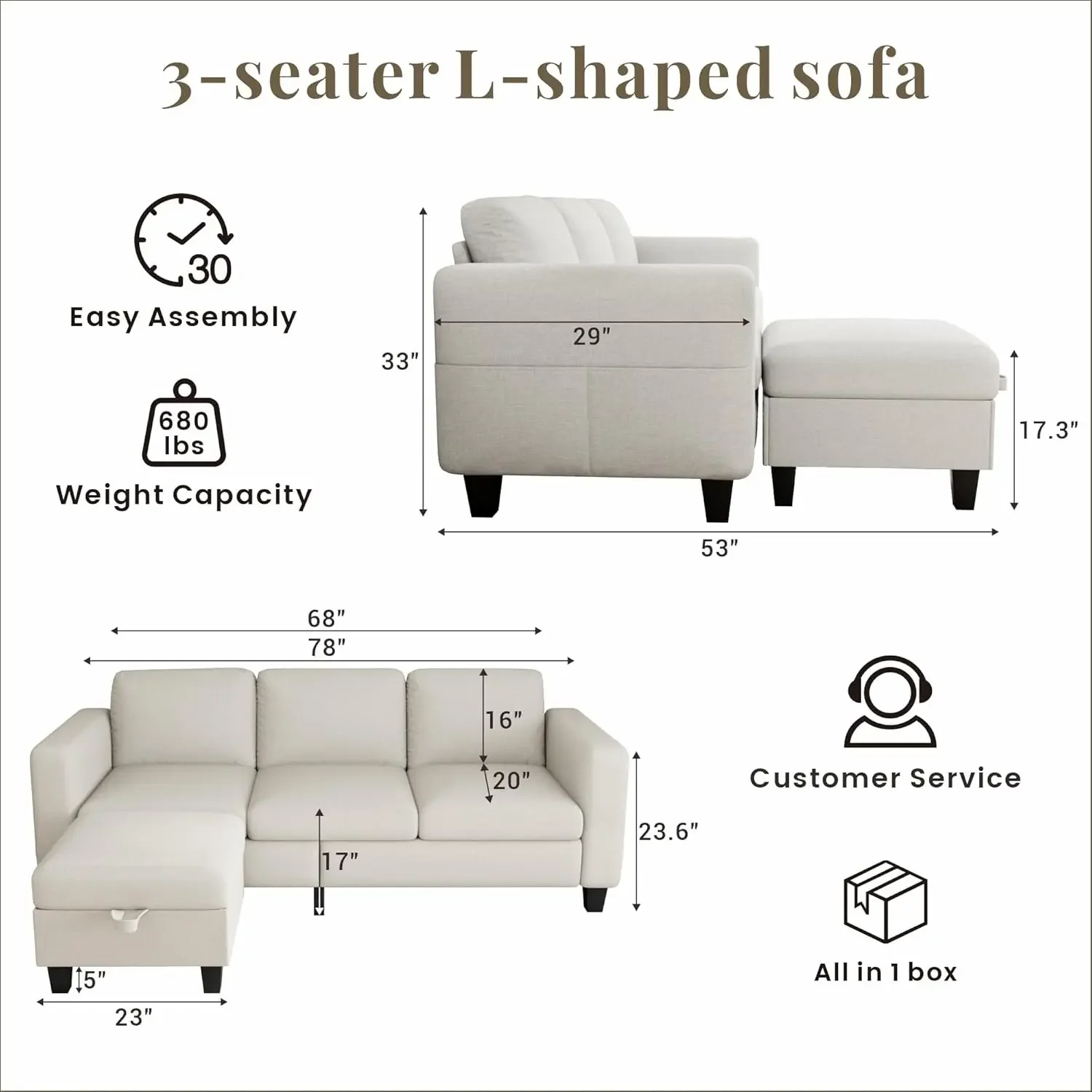 Living Room - Sectional Sofa L Shaped Cloud Couch-Small Modular 3 Seat-Comfy Linen with Storage Deep Seat Sofa