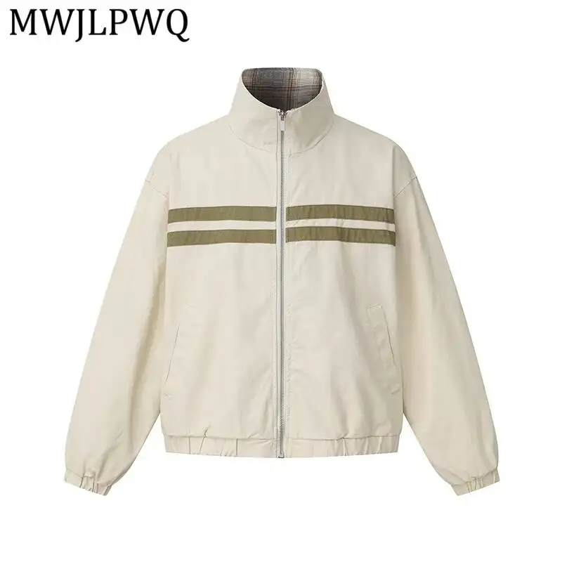 

MWJLPWQ American Retro Color-Blocked Stand-Up Collar Work Jacket Spring Autumn Outdoor Casual Sports Cardigan Coat Trendy 17245