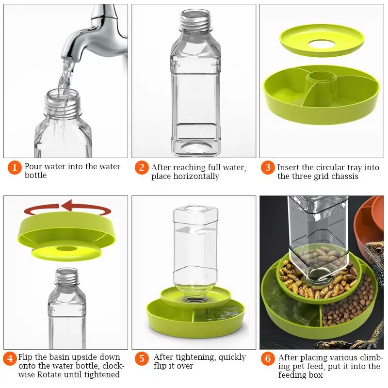 Tigela de água dupla para répteis, alimentador anti-fuga, alimentação automática de água para répteis, garrafa de comida, lagartos, caracóis