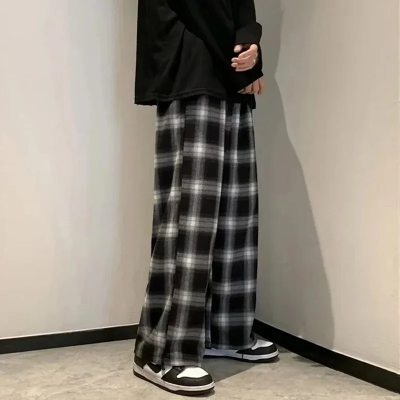 Plaid Pants Men Fashion Retro Color Contrast Casual Pants Men Streetwear Loose Hip-hop Straight Pants Mens Trousers M-3XL