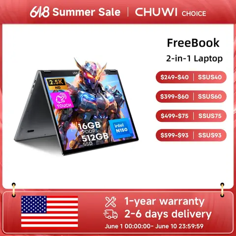 CHUWI FreeBook 2-in-1 Laptop IntelN150 13.4'' Touch 2.5K Screen 16GB LPDDR5 RAM 512GB SSD WiFi6 BT5.2 Convenient Office Notebook