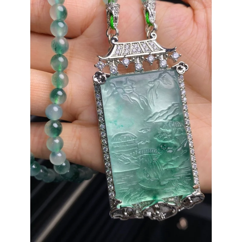 Certified Natural  High Ice Green Jade Jadeite landscap Pendant&NecklacesLandscape