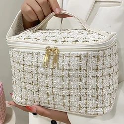 Grande borsa per il trucco in tessuto intrecciato per i viaggi-Organizer per sacchetti cosmetici alla moda elegante e pratico