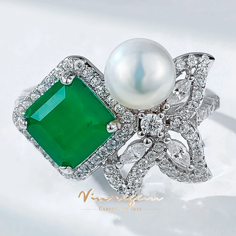 

Vinregem 7*7 MM Emerald Pearl Gemstone Vintage Ring For Women 100% 925 Sterling Silver Wedding Engagement Fine Jewelry Wholesale