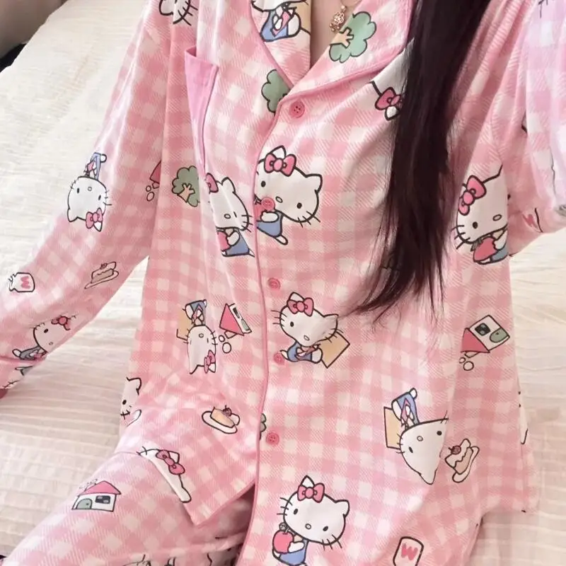 

Sanrio Hello Kitty Women Sleeping Pajamas Sets Kawaii Cartoon Student Autumn Long Sleeve Pant Sleepwear Leisure Home Clothes New