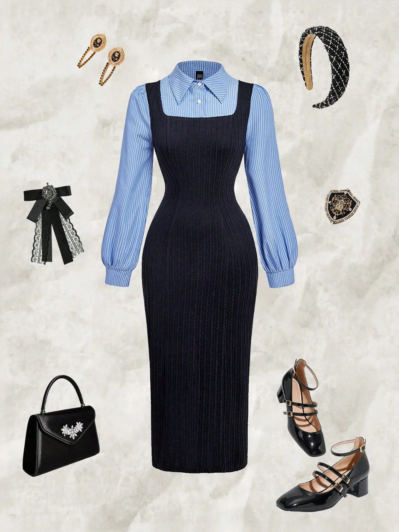 

Трикотажное платье миди темно-синего цвета с синим полосатым воротником-рубашкой, элегантное, для делового повседневного стиля