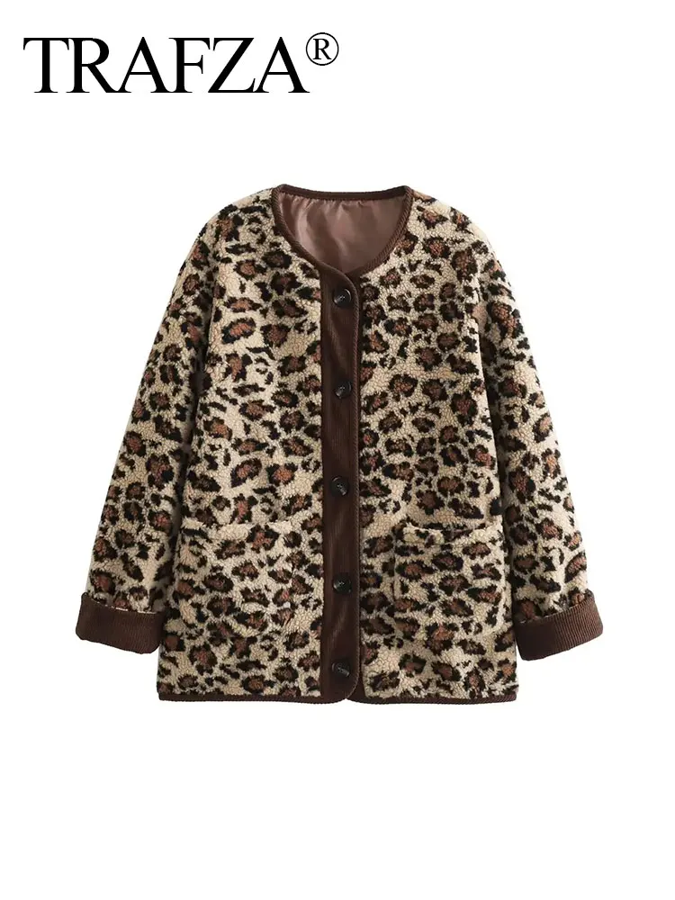 TRAFZA 2024 Female Vintage Lambswool Jacket Long Sleeves O Neck Leopard Print With Pockets Single Breasted Patchwork Causal Coat