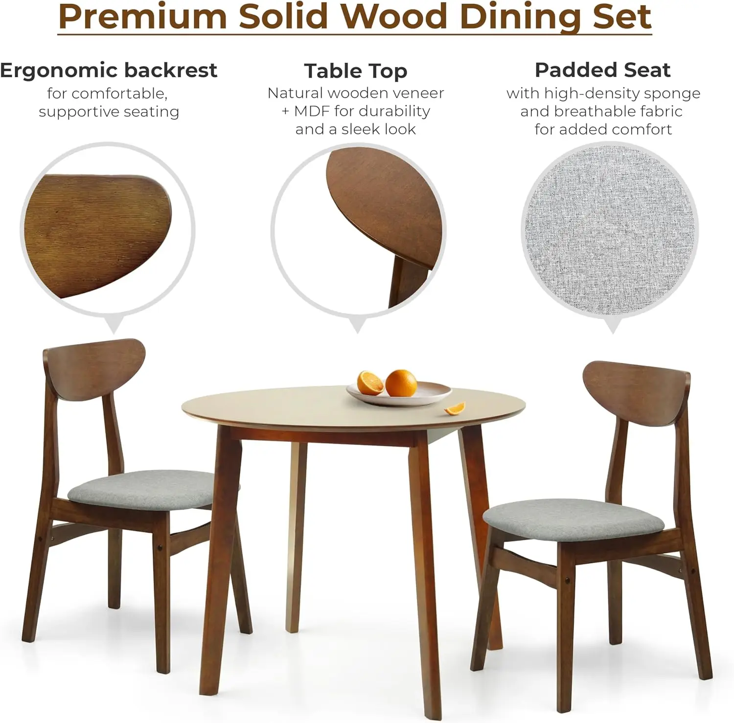 Set of 3 Dining Kitchen Round Table and 2 Yumiko Side Chairs Solid Wood w/Padded Seat Medium Brown