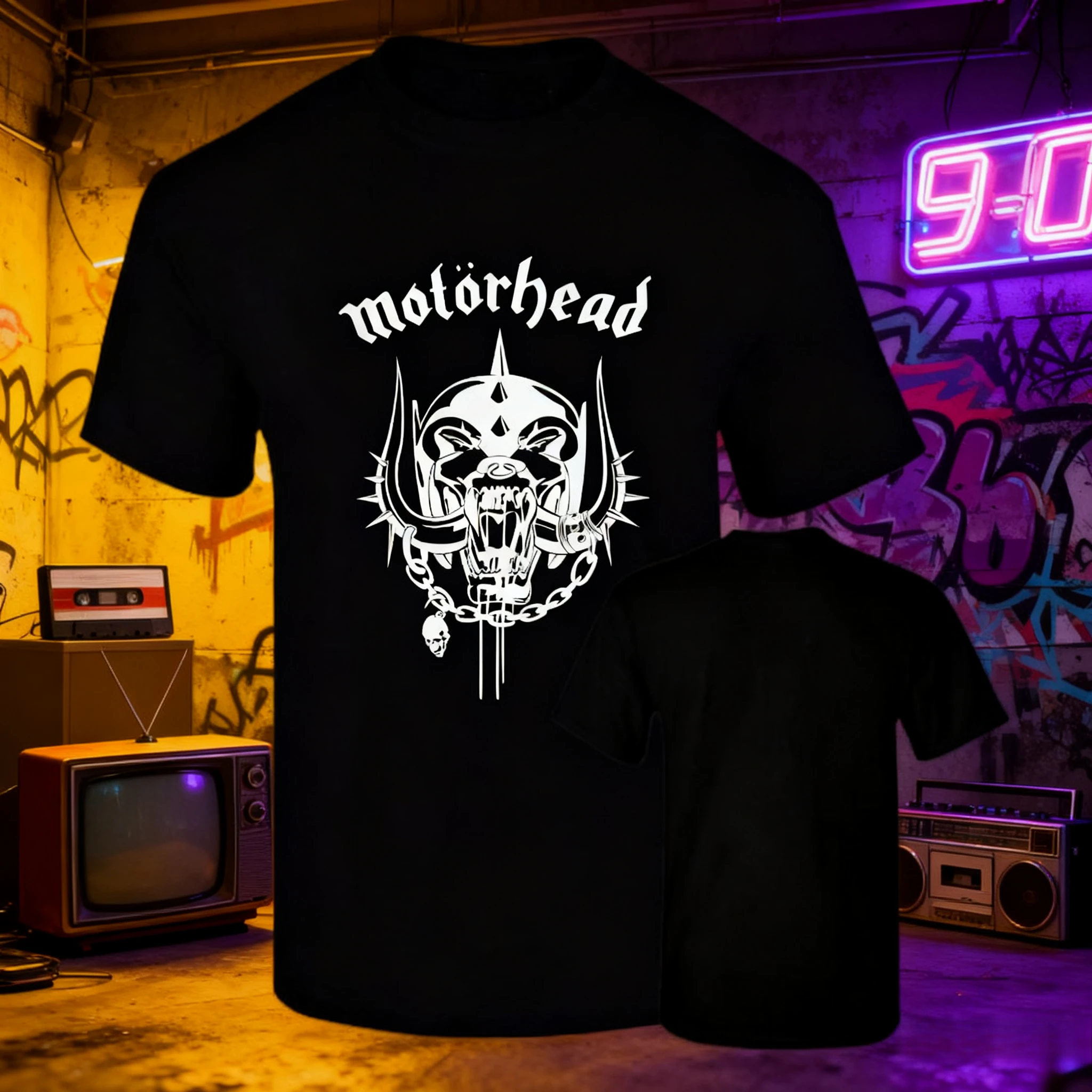 

2025-26 Summer Premium Motorhead Rock 100%cotton Printed T-shirt Unisex Short Sleeve with Round Neck Available in Black or White