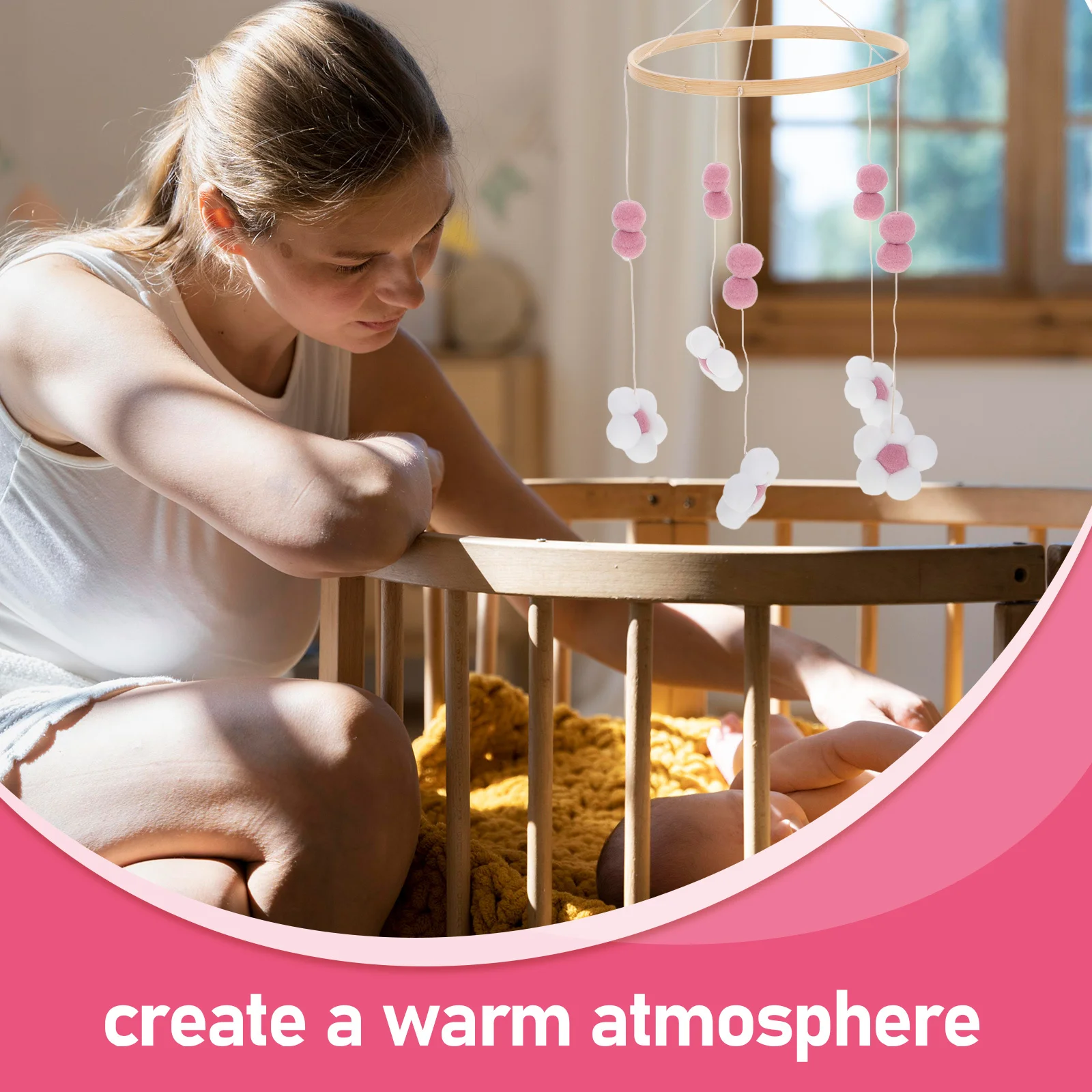 Pom Pom Flower Wind Chime Mobile for Crib Nursery Hanging Decor Soothing Bell Sound Baby Room Decoration Boho Kids Space