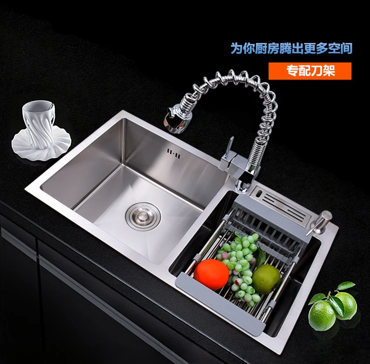 Handmade Sink Thickened 304 Stainless Steel Double Slot with Knife Rack Kitchen Vegetable Basin Sink