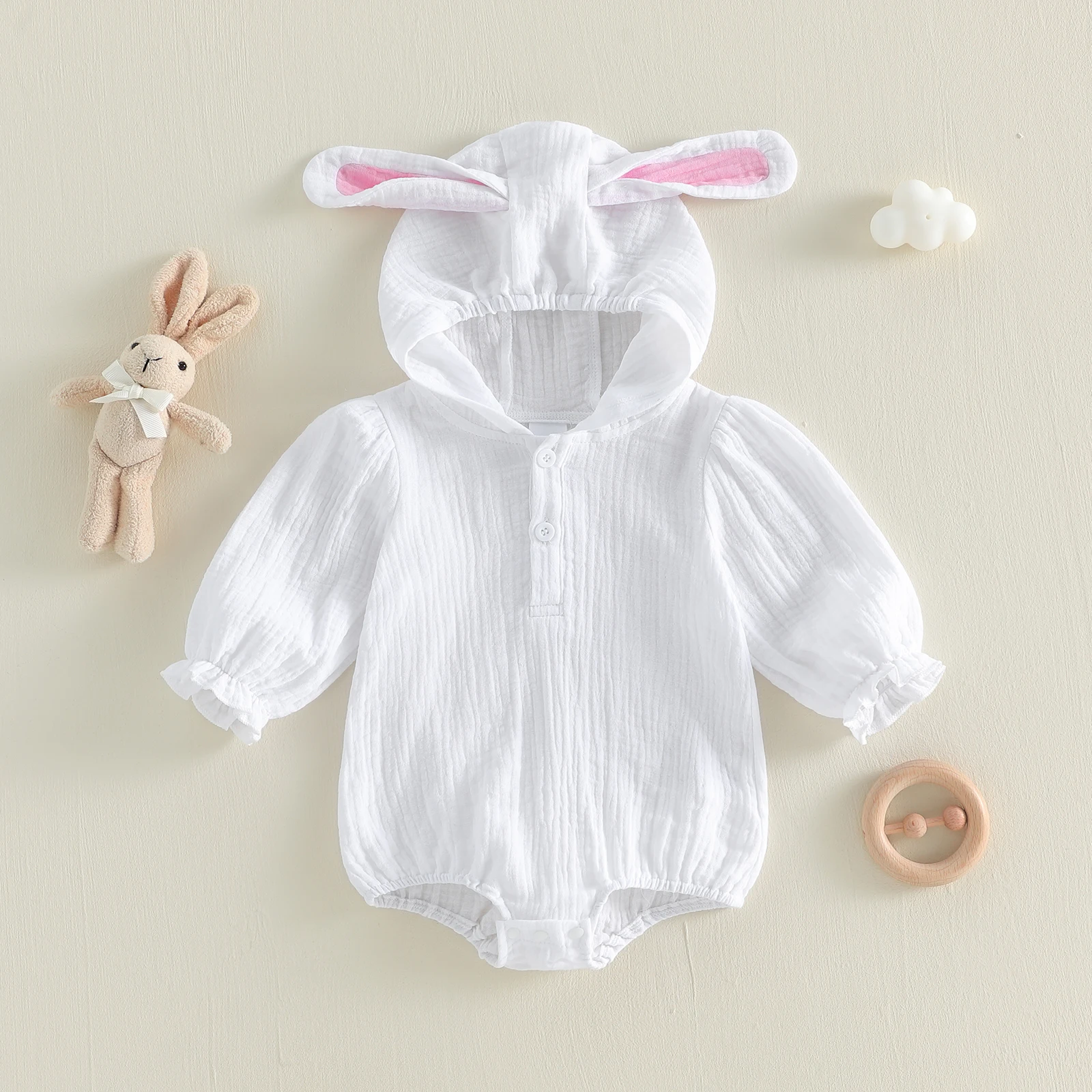 Spring Easter Infant Baby Boys Girls Cute Bunny Ear Casual Button Long Sleeve Hooded Jumpsuit Clothes