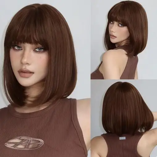 

Short Brown Daily Wig with Bangs Natural Party Straight Bobo Synthetic Hair for Women Soft Silky High Density Wig Heat Resistant