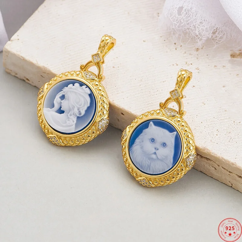 S925 Sterling Silver Charms Pendants for Women Fashion Blue Sea-shells Goddess Kitty Emboss Gold Plated Jewelry Free Shipping