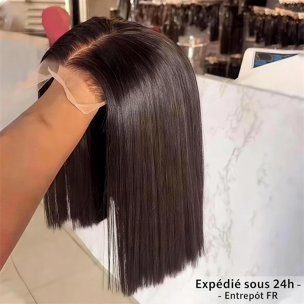 # 4 Schokoladenbraune, glatte, kurze Bob-Perücken, kleberlos, 13x4 HD Lace Frontal Perücke, 100% Echthaar, vorgezupft, Versand aus FR-Lager für schwarze Frauen