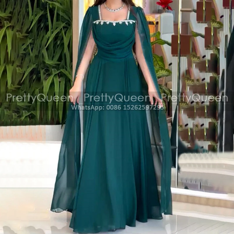 Customized  A Line Mother of the Bride Dresses With Beaded Square Neck Long Cloak Shawl Chiffon Plus Size Women Prom Dress