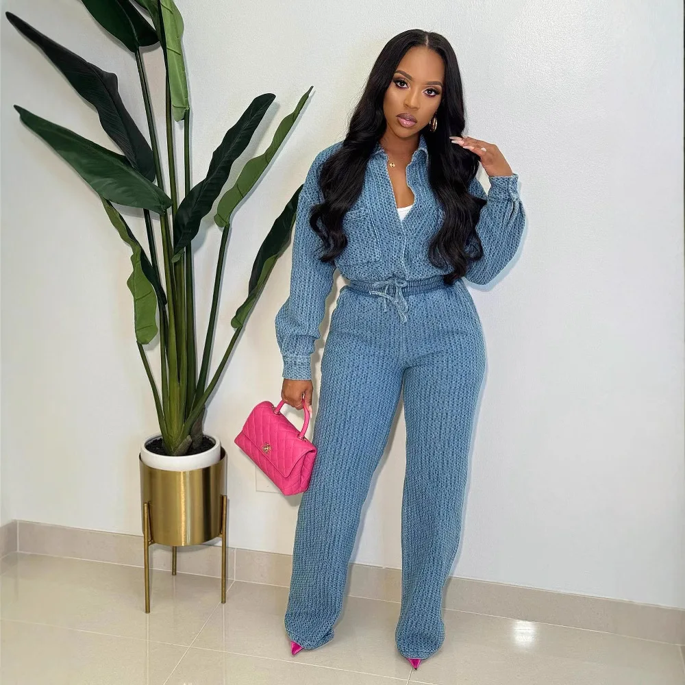 

2025 женская европейская и американская мода, новые длинные брюки с длинными рукавами, ковбойский женский комплект из двух предметов в стиле ретро, универсальный, простой