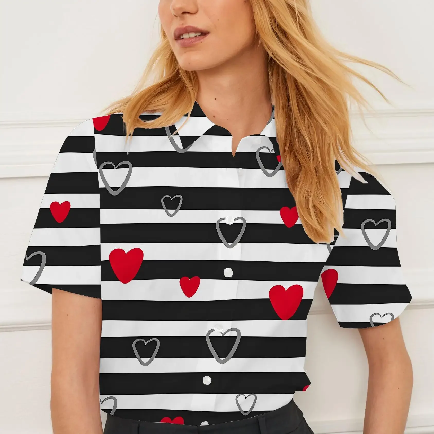 

Shirt short sleeve summer women's striped heart pattern design breathable suitable for daily or formal wear fashionable