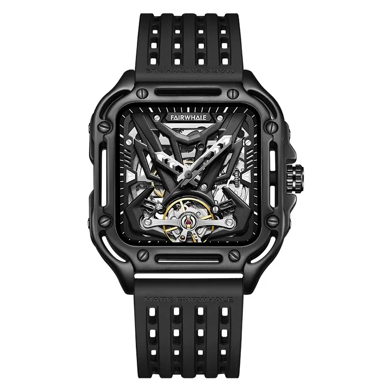 Mark Fairwhale-Reloj Automático Toubillon cuadrado para hombre, relojes mecánicos con esqueleto, correa de silicona deportiva a la moda, Reloj negro