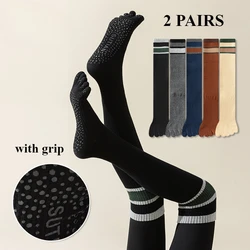 2 Pairs Over Knee Compression Socks Women Five Finger Socks with Grip Non-slip Yoga Pilates Toe Socks Anti-slip Stockings Women