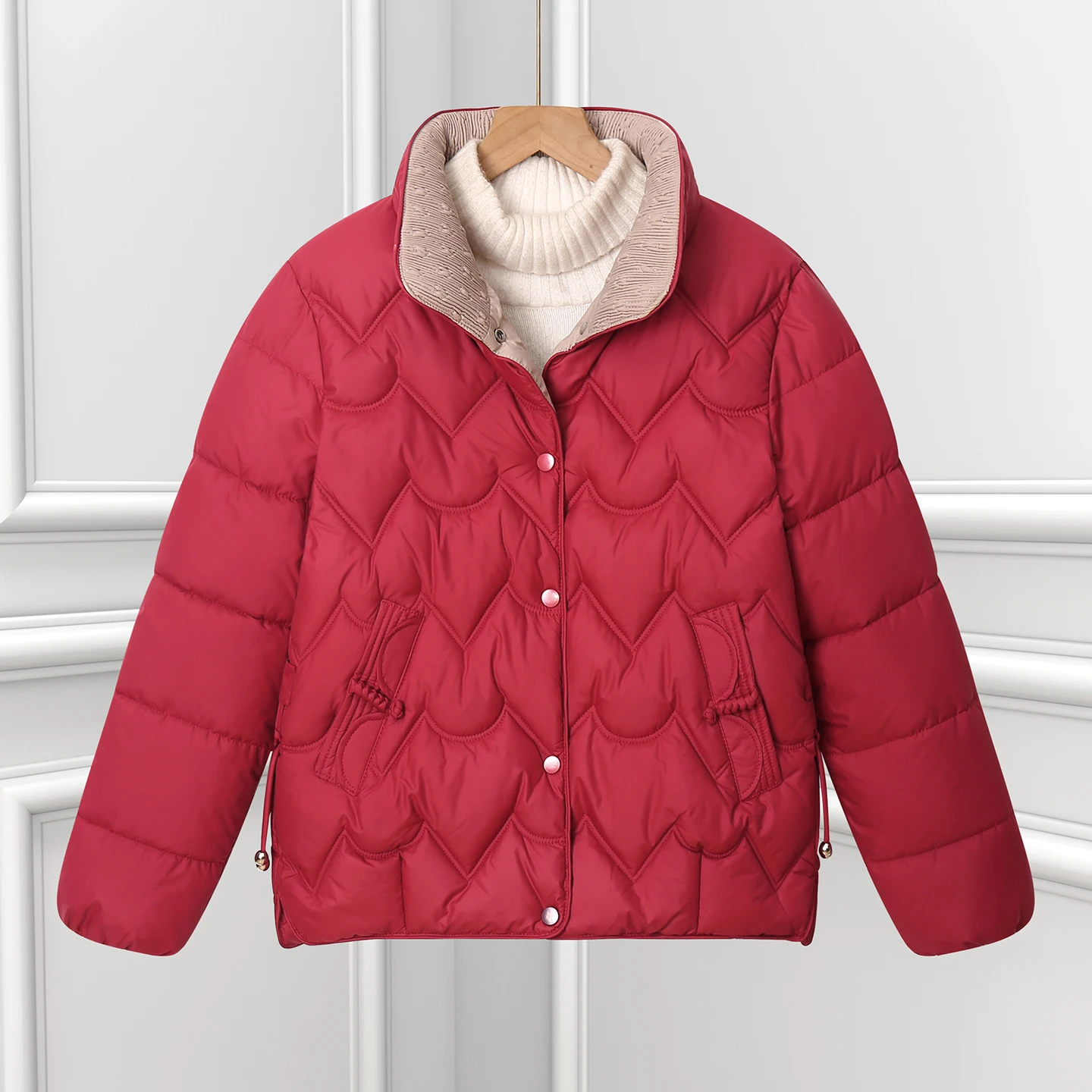 الشتاء Thiened أسفل القطن Jaet المرأة Faionable الوقوف طوق ملابس خارجية فضفاضة الكورية Sle طويلة Sve طول منتظم #3