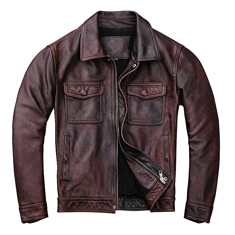 Tcyeek-Veste en cuir véritable 100% couches pour hommes, manteau vintage en peau de vache naturelle, vestes en cuir pour hommes, printemps, automne, 21 Chaquetas zones bre