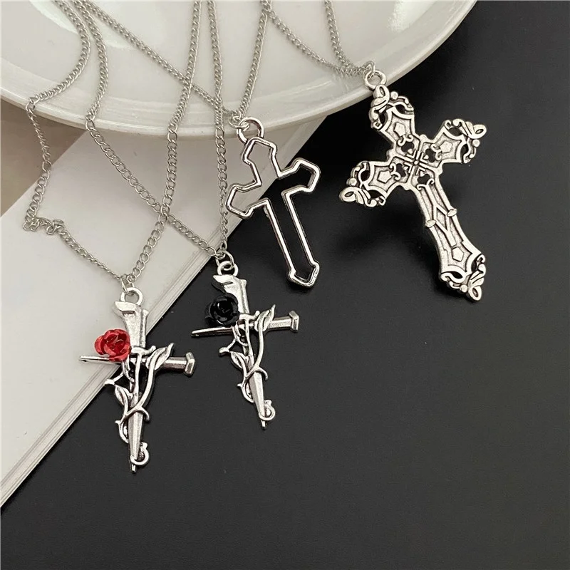 Image of Vintage Gothic Kreuz Anhänger Halskette Silber Farbe Coole Street Style Halskette Für Männer Frauen Geschenk Großhandel Hals Schmuck