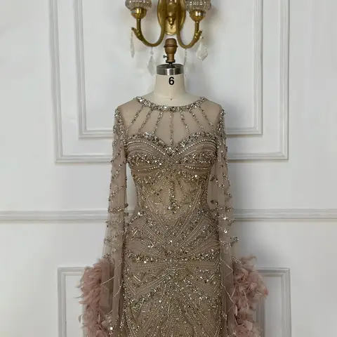 औपचारिक अवसर के लिए सेरेन हिल 2025 कस्टमाइज़्ड कारमेल बीडेड मरमेड इवनिंग ड्रेस, फेदर कफ्स के साथ BLA72708A 10 best sales शांत पहाड़ी पोशाक - №7